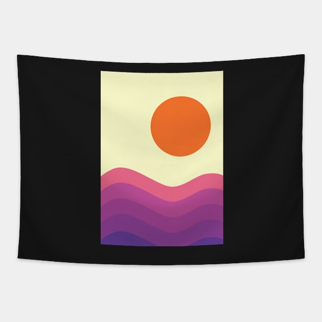 Minimalist Monochramatic Abstract Sunset and Purple Sea Waves Graphic Art Tapestry by CityNoir