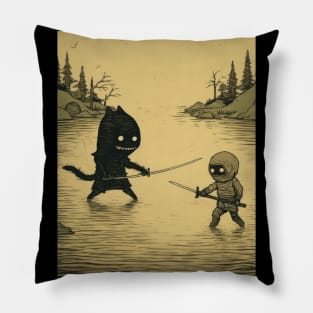 Chiaroscuro Ninja Duel: Sepia-Toned Moody Landscape Woodcut Pillow