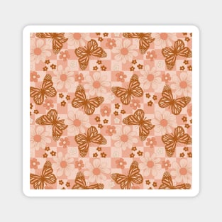 Groovy Pink Butterfly Floral Checkered Magnet