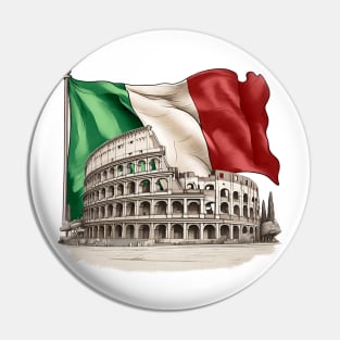 Roman colosseum with the flag of Italy. Pin