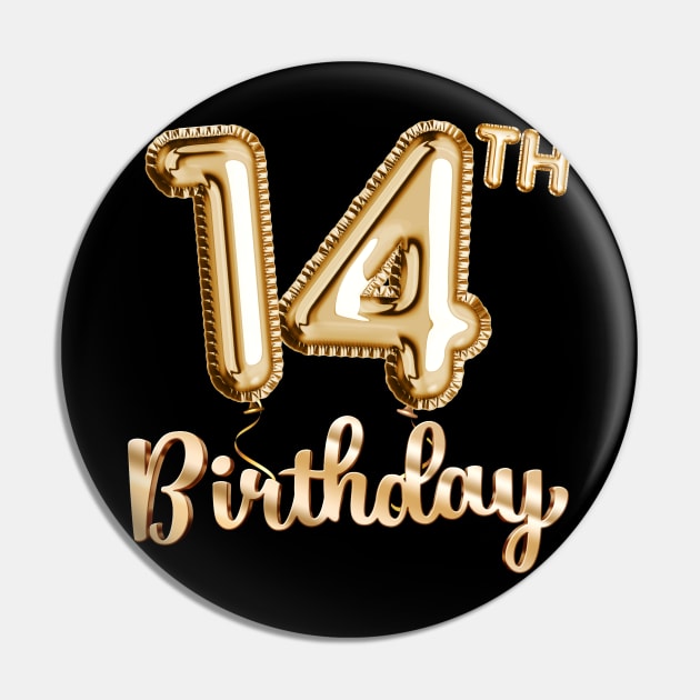 14th Birthday Gifts - Party Balloons Gold Pin by BetterManufaktur