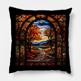 Stained Glass Window Of Autumn Scene Pillow