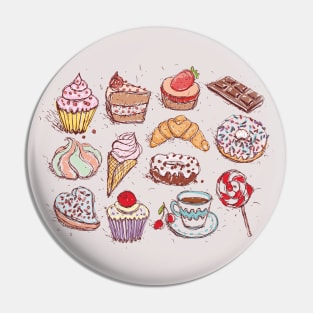 Hand drawn confectionery croissant Cupcake candy marshmallow ice cream cake donut and coffee. Pin