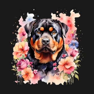 A rottweiler decorated with beautiful watercolor flowers T-Shirt