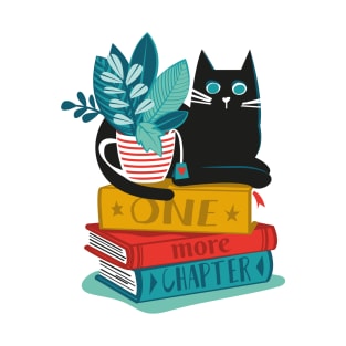 One more chapter // spot // aqua background black cat striped mug with plants red teal and yellow books with quote T-Shirt