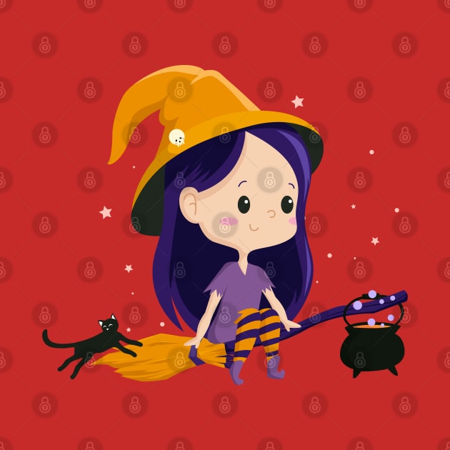 Kawaii Witch Flying in the moonlight With Her Black Cat and Cauldron by BicycleStuff