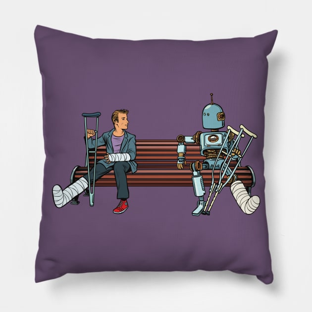 Human And Robot With Broken Legs Pillow by waltzart