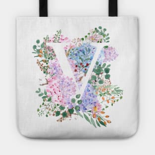 botanical monogram alphabet V hydrangea flowers Tote