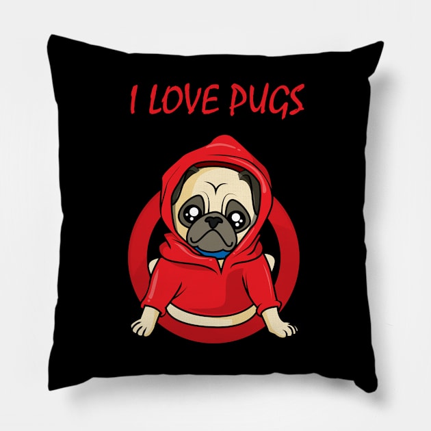 I love Pugs - Cute Comic Artwork Pillow by SPAZE