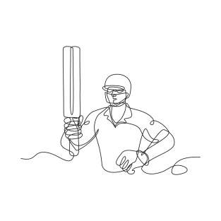 Cricket Batsman Holding Up Bat Front View Continuous Line Drawing T-Shirt