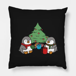 Christmas Penguins Enjoying Hot Cocoa with Christmas Tree v3 Pillow