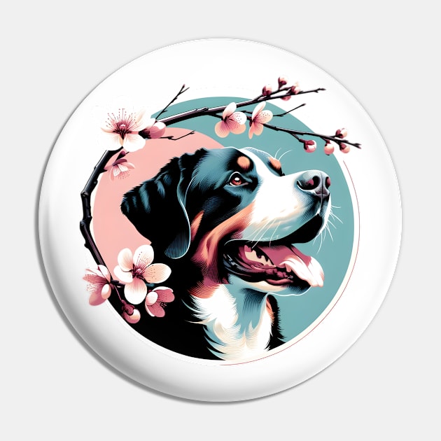 Joyful Greater Swiss Mountain Dog with Spring Cherry Blossoms Pin by ArtRUs