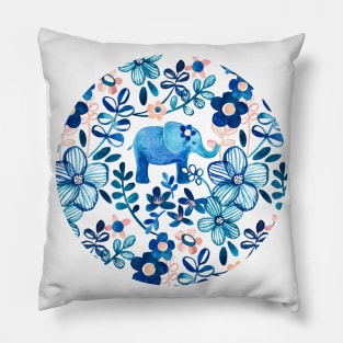 Blush Pink, White and Blue Elephant and Floral Watercolor Pattern Pillow