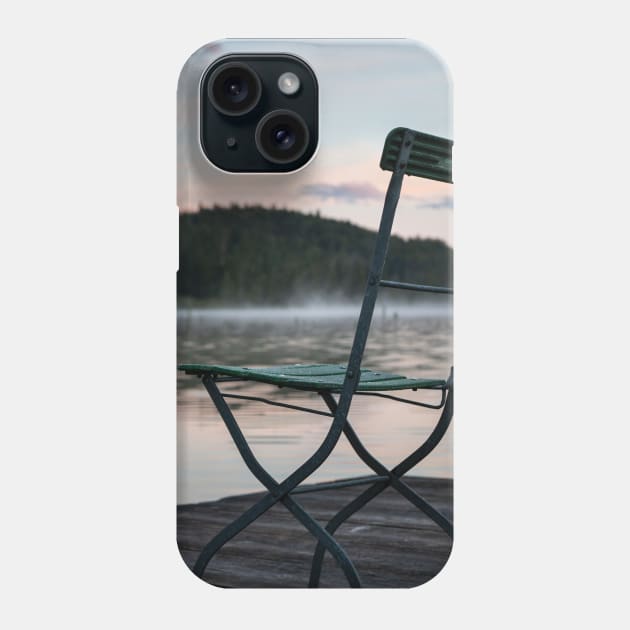 Two Chairs on pier. Amazing shot of the Ferchensee lake in Bavaria, Germany. Scenic foggy morning scenery at sunrise. Phone Case by EviRadauscher