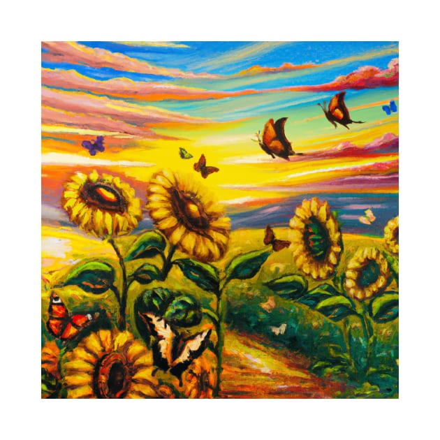 Sunflowers Field and Butterflies Oil Painting by soulfulprintss8