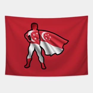 Singapore Hero Wearing Cape of Singaporean Flag and Peace in Singapore Tapestry