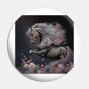 Black Horse with Long Mane & Flowers T-Shirt Pin