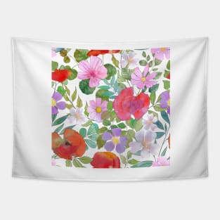 Spring various flowers and leaves watercolor botanical print. Poppies, daisy, rose flowers blossom. Different wildflowers. Tapestry