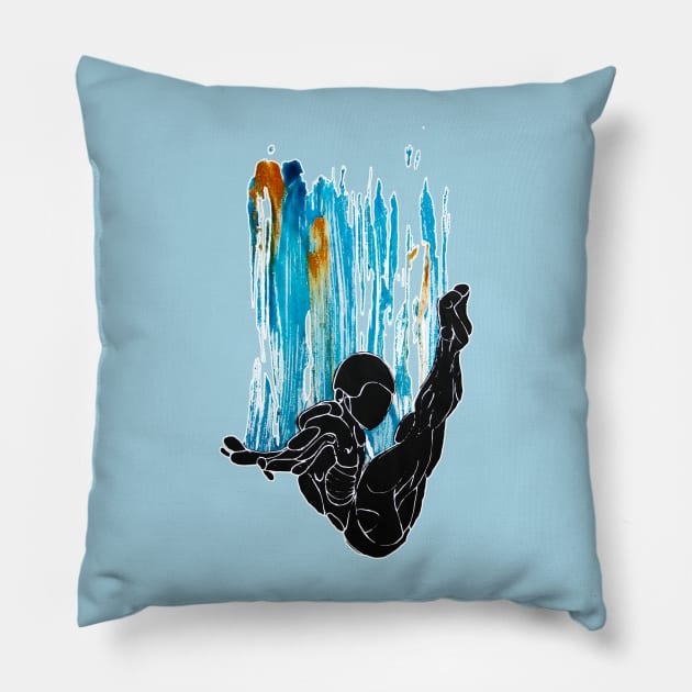 Platform Diving, Waterfall Diver Pillow by badlydrawnbabe