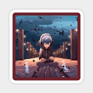 Anime Kid sit on a Bridge Magnet