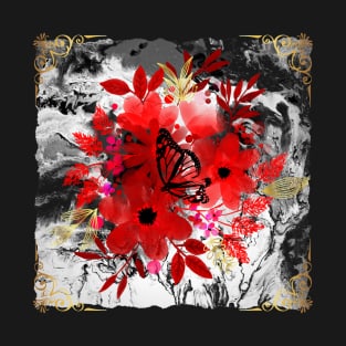 Painted Blooms on Spilled Canvas - Gold and red - black and white T-Shirt