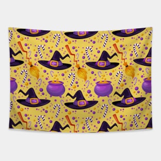 Witch Hat Cauldron Broom Halloween Fun Spooky Cute Design Tapestry