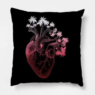 Crimson Colored Anatomically Correct Human Heart - Palm Trees Pillow