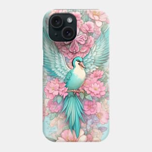 Teal bird with pink flowers Phone Case