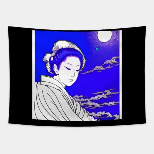 Woman waiting under the watchful moon. Tapestry