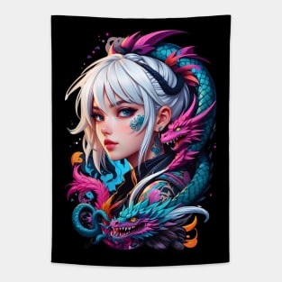 Anime girl with dragon pets Japanese art retro Tapestry