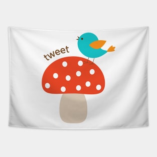 Cute Mushroom with Bird Tweeting! Tapestry