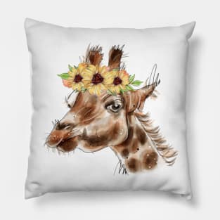 Watercolor giraffe.Giraffe with flowers. Pillow