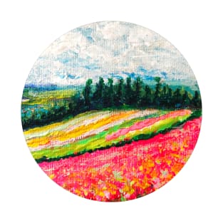 pink flower field and blue sky scenery T-Shirt