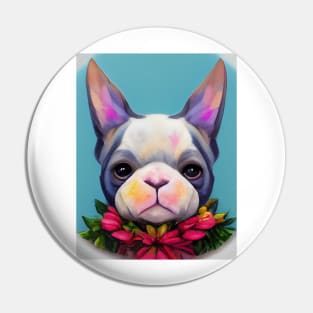 Colorful French Bulldog with Floral Wreath Pin