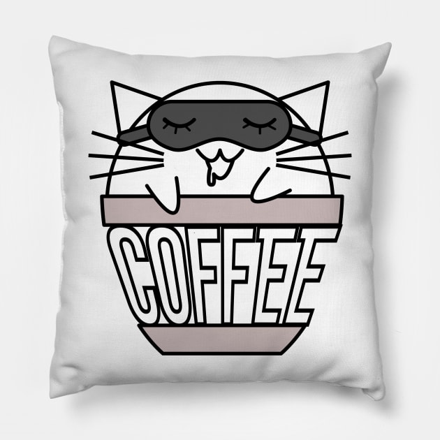 Cat in coffee cup with warped text sleeping black no hat Pillow by coffeewithkitty