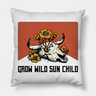 Grow Wild Sun Child Flower Cow Skull Pillow