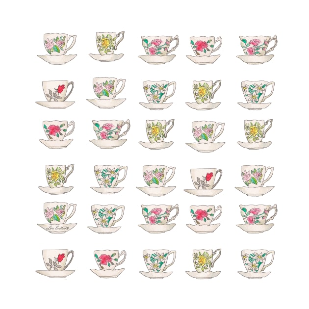 Grandma's Vintge Teacups Watercolour by louendicott