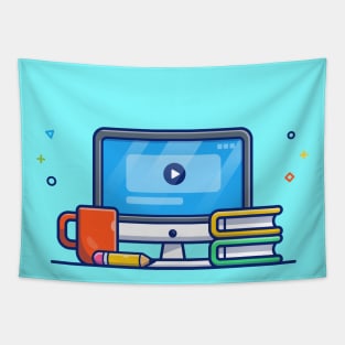 Monitor, Mug, Book, And Pencil Cartoon Tapestry