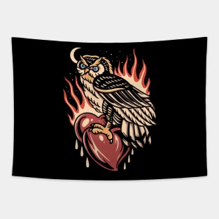 Vintage Owl and Flaming Heart Tapestry