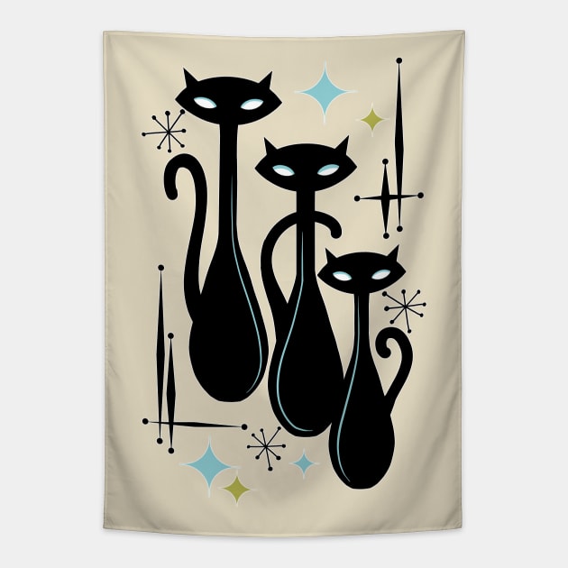 Modern Meows Atomic Age Black Kitschy Cats Tapestry by LittleBunnySunshine