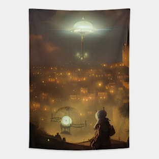 UFO over a Medieval Town Tapestry