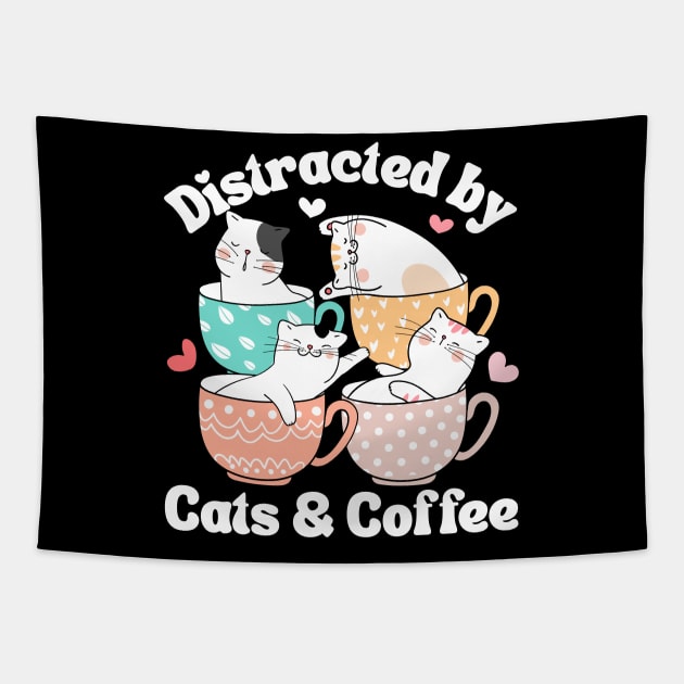 Distracted by Cats & Coffee Cat Lover Cute Mugs Kawaii Mom Tapestry by DetourShirts