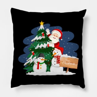 Santa claus with christmas tree and snowman at night Pillow