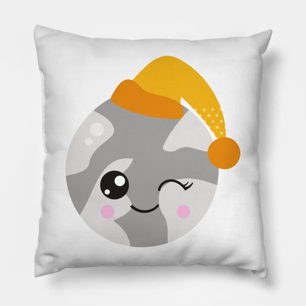 Sleeping Planet, Cute Planet, Planet With Nightcap Pillow by Jelena Dunčević