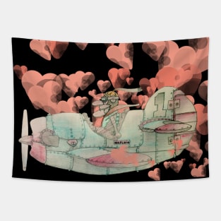 The old airplane pilot in the sky with heart clouds Tapestry