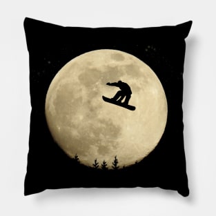 Snowboarder full moon jump in starry sky Pillow