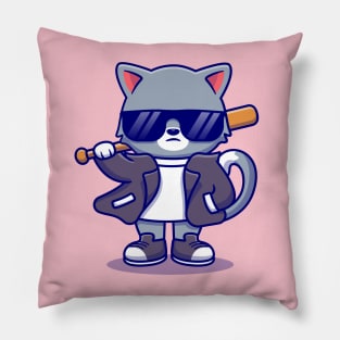 Cute Bad Cat Wearing Suit And Sunglasses With Baseball Bat Pillow