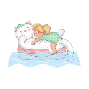 Little girl and big cat swimming in the ocean T-Shirt