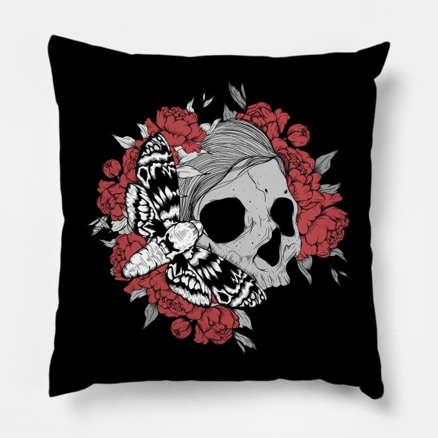 Rose floral skull female Pillow by Jess Adams