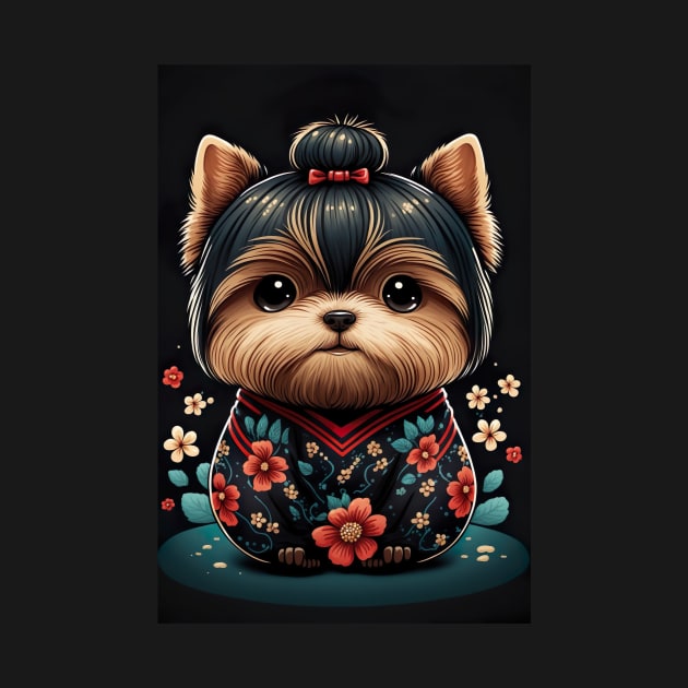 Super Cute Yorkshire Terrier Puppy Portrait Japanese style by KoolArtDistrict